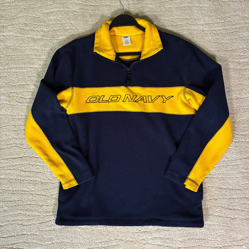 Y2K Old Navy 16 Navy Blue & Yellow Color Block Quarter Zip Fleece Skater Surf